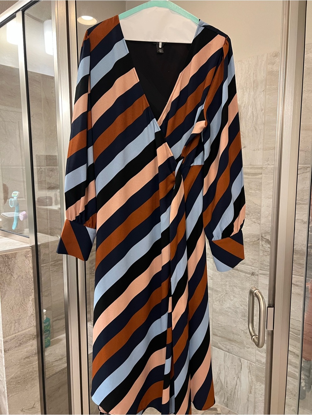Halogen Diagonal Stripe Wrap Midi Dress in Navy, Rust & Light Blue